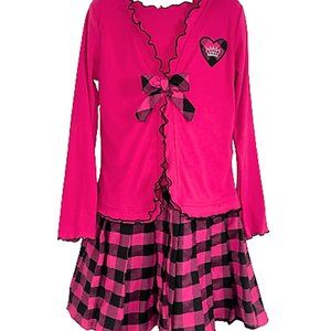 NWT $50 Girl 8 DOLLIE & ME Hot Pink Black Heart Plaid Pleated Skirt Party Dress!
